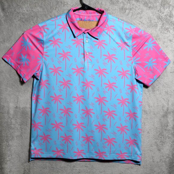 Chubbies Polo Shirt Mens Large Blue Pink Palm Tree Tropical Performance Stretch - Picture 1 of 9